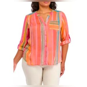 1X Women's Roll Tab Tie Front Woven Shirt-NWT